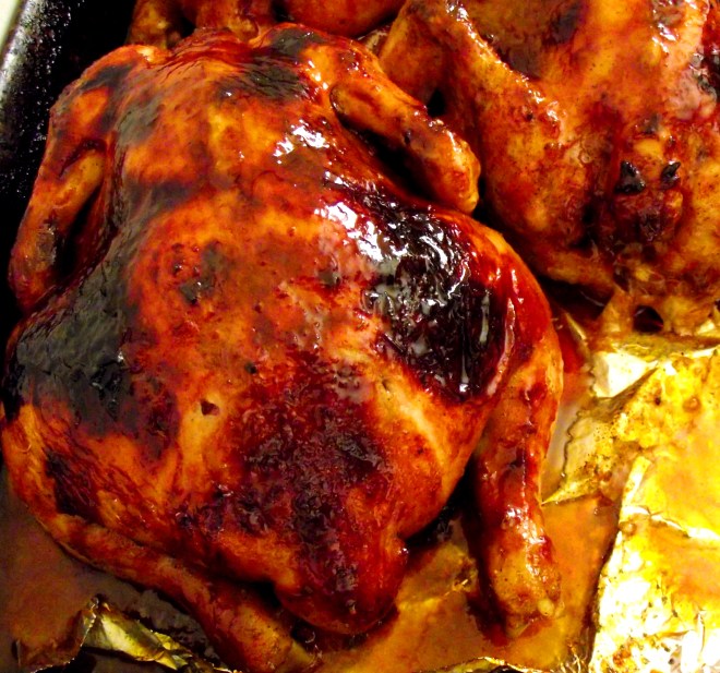 pollo asado con mala fe con papas y batatas