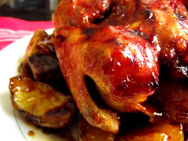 pollo asado con mala fe con papas y batatas