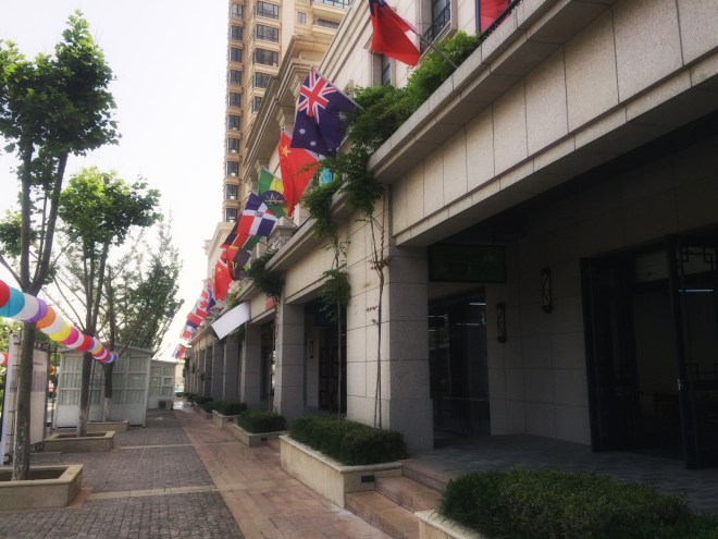La bandera dominicana ondeo alto en Yantai, China